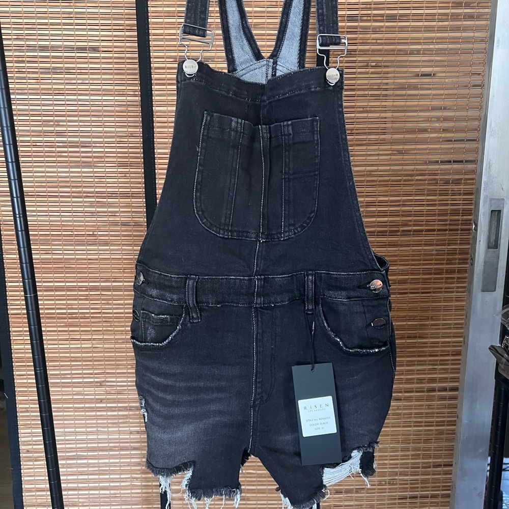 Risen Black Distressed Denim Overall Shorts